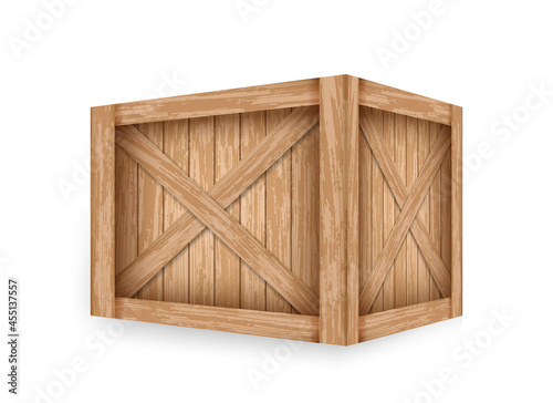 Realistic closed wooden box. Old container for delivery illustration design. Vintage wooden crate mockup template.