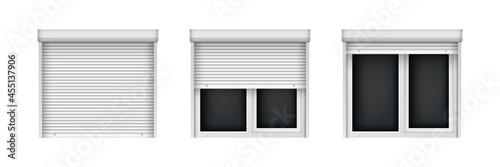 White double metal-plastic windows with blinds. Closed and open jalousie for plastic windows. Realistic window mockup for interior decoration design.