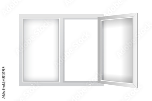 Realistic plastic window with open casement. Double plastic window mockup template. Windowpane frame with transparent glass for outdoor interior design.