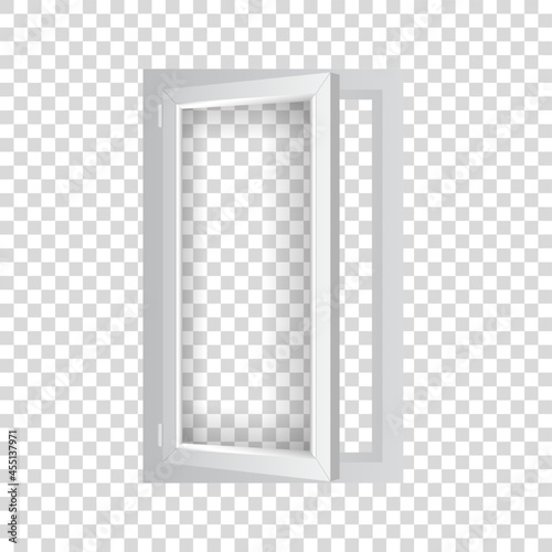 PVC single window with half open casement. Realistic plastic window mockup template. White windowpane frame with transparent pane.