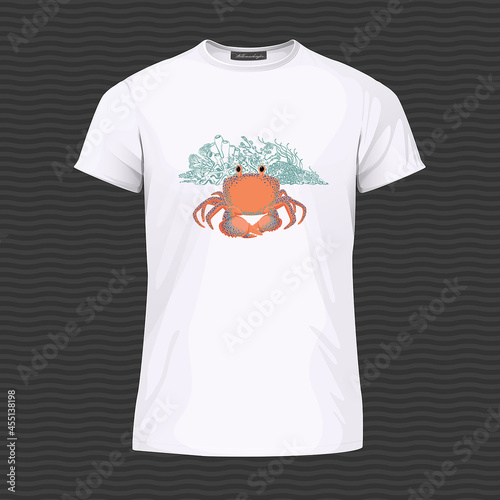 White T-shirt with cute crab and corals. Vector Illustration photo