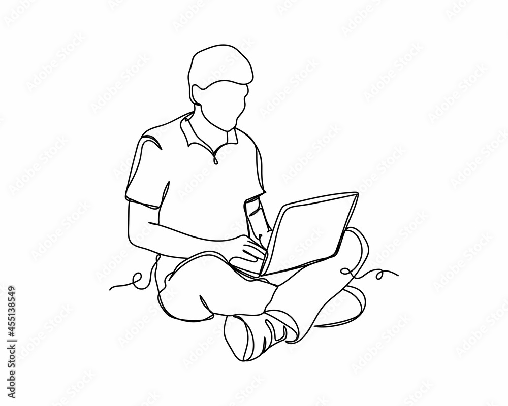Continuous one line drawing of man sitting with laptop online education concept icon in silhouette on a white background. Linear stylized. Continuous one line drawing of man sitting with laptop online education concept icon in silhouette on a white background. Linear stylized.