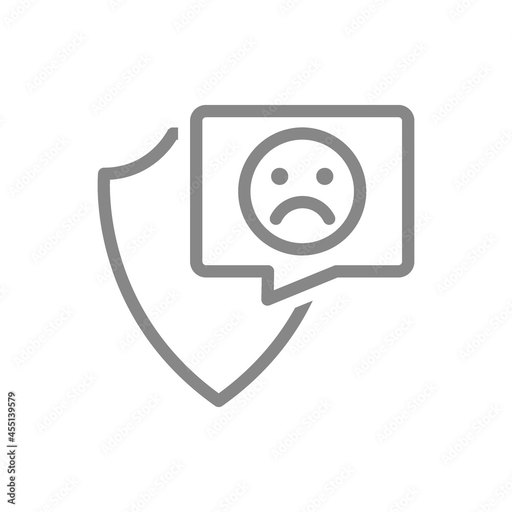 Protective shield with sad face in buble speech line icon. Protection, emoji rating, feedback, negative assessment Protective shield with sad face in buble speech line icon. Protection, emoji rating, feedback, negative assessment