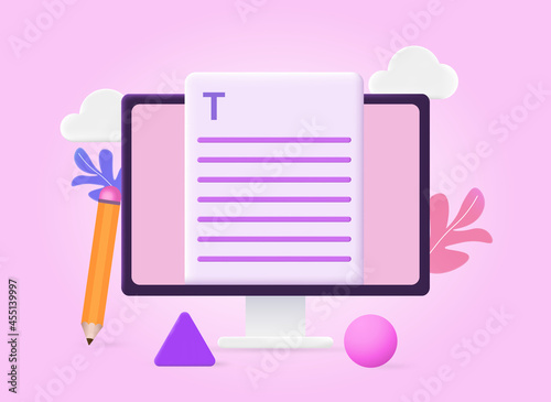 Online document concept. Computer screen with open text file and large pencil. Copywriting, journalism and writing. Online training. Cartoon 3D vector illustration isolated on pink background