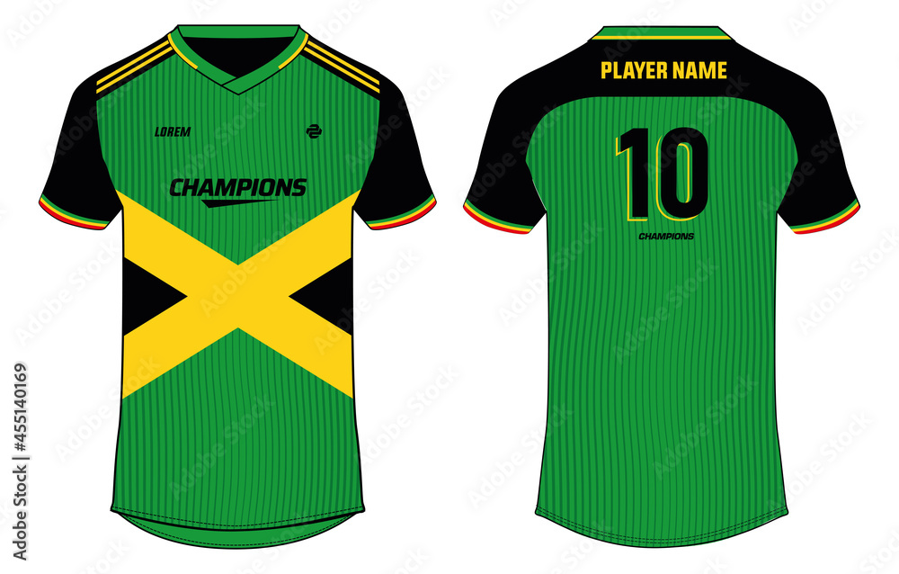 Sports t-shirt jersey design concept vector template, v neck Jamaica  Football jersey concept with front and back view for Soccer, Cricket,  Volleyball, Rugby, tennis, badminton uniform kit Stock Vector | Adobe Stock