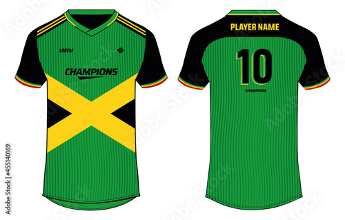 Sports t-shirt jersey design concept vector template, v neck Jamaica Football jersey concept with front and back view for Soccer, Cricket, Volleyball, Rugby, tennis, badminton uniform kit