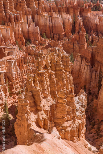 Closeup view of the orange sandstone formations down inside Bryce Canyon