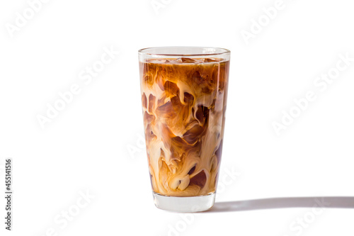 Glasses of coffee milk on white background. Cold beverage tasty. Iced latte. Clipping path photo.