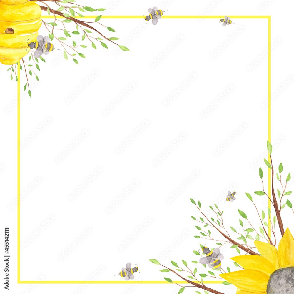 Honey bee square empty frame with watercolor sunflowers, tree branches, beehive, and bees on a white background. Yellow flowers template. Cute sunflowers wreath for wedding invitation and more. Honey bee square empty frame with watercolor sunflowers, tree branches, beehive, and bees on a white background. Yellow flowers template. Cute sunflowers wreath for wedding invitation and more.