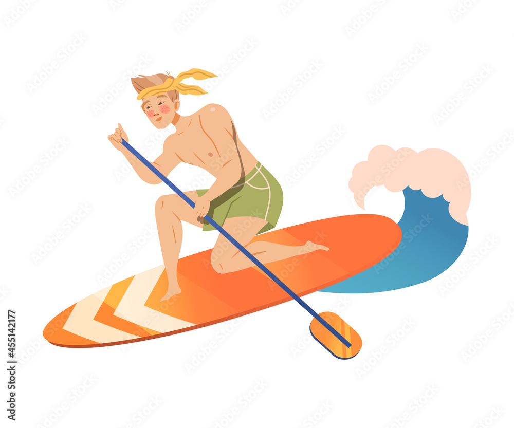 Man Surfer Character on Surf Board Standup Paddleboarding Vector Illustration