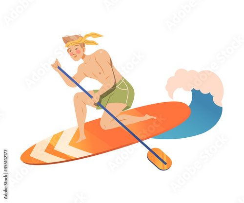 Man Surfer Character on Surf Board Standup Paddleboarding Vector Illustration