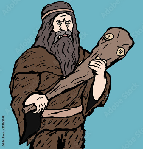 Angry-looking old caveman with leather headband and big wooden club