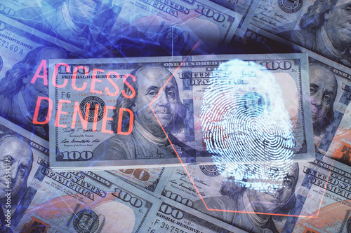 Double exposure of finger print scan drawing over usa dollars bill background. Concept of security of safe access. © peshkova