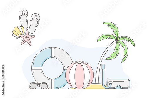 Travelling Around the World and Journey to Foreign Country for Vacation with Rubber Ring, Ball and Snorkeling Mask Line Vector Composition