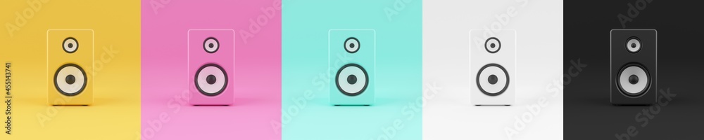 Several speakers with different colored backgrounds. Several speakers with different colored backgrounds.