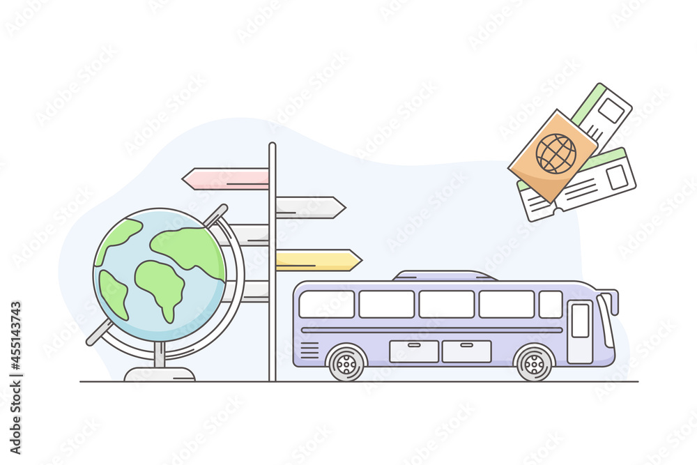 Naklejka premium Travelling Around the World and Journey to Foreign Country for Vacation with Bus, Globe and Signpost Line Vector Composition