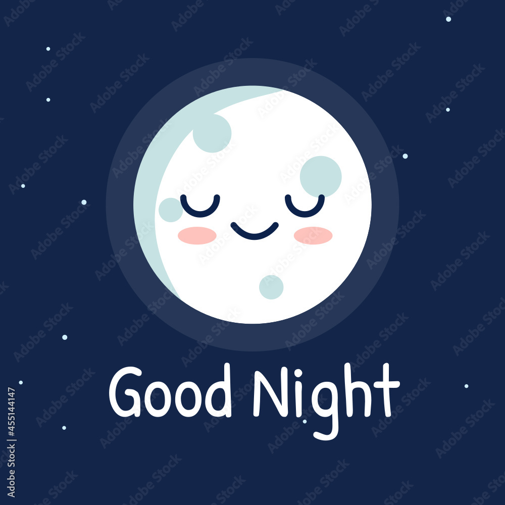 moon, stars with good night text. White handmade phrase on the night