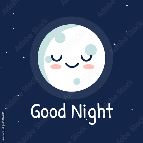 moon, stars with good night text. White handmade phrase on the night background. vector lettering banner design.
