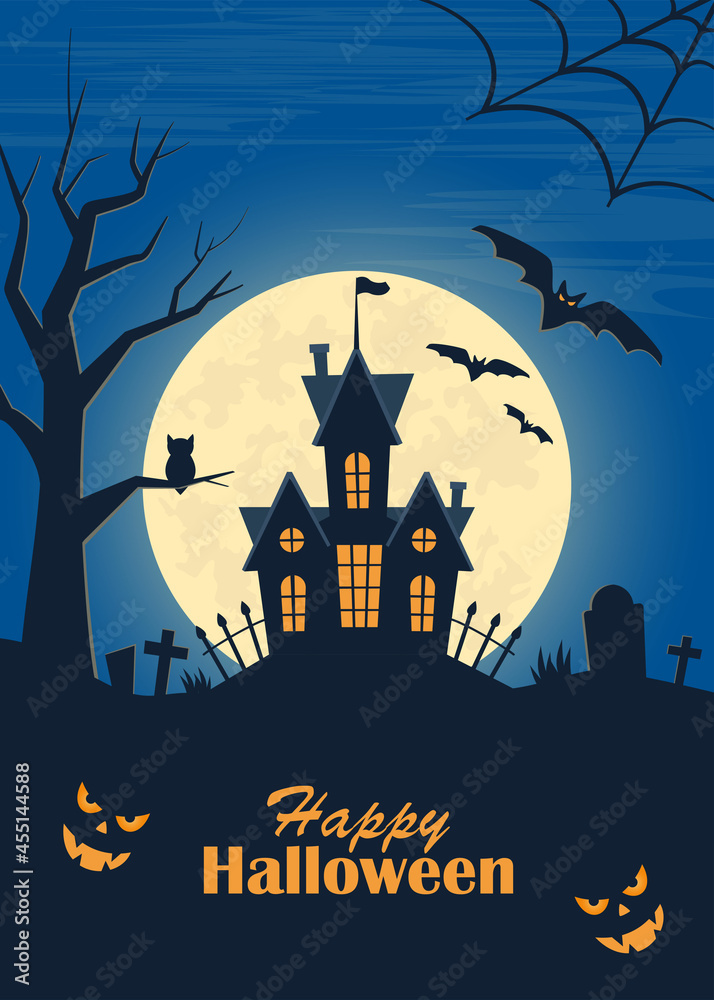 Halloween poster, scary party invitation flyer, banner. Dark castle, moon, bats, graves, tombstones, crosses, tree, owl, pumpkins. Halloween night vector illustration.
