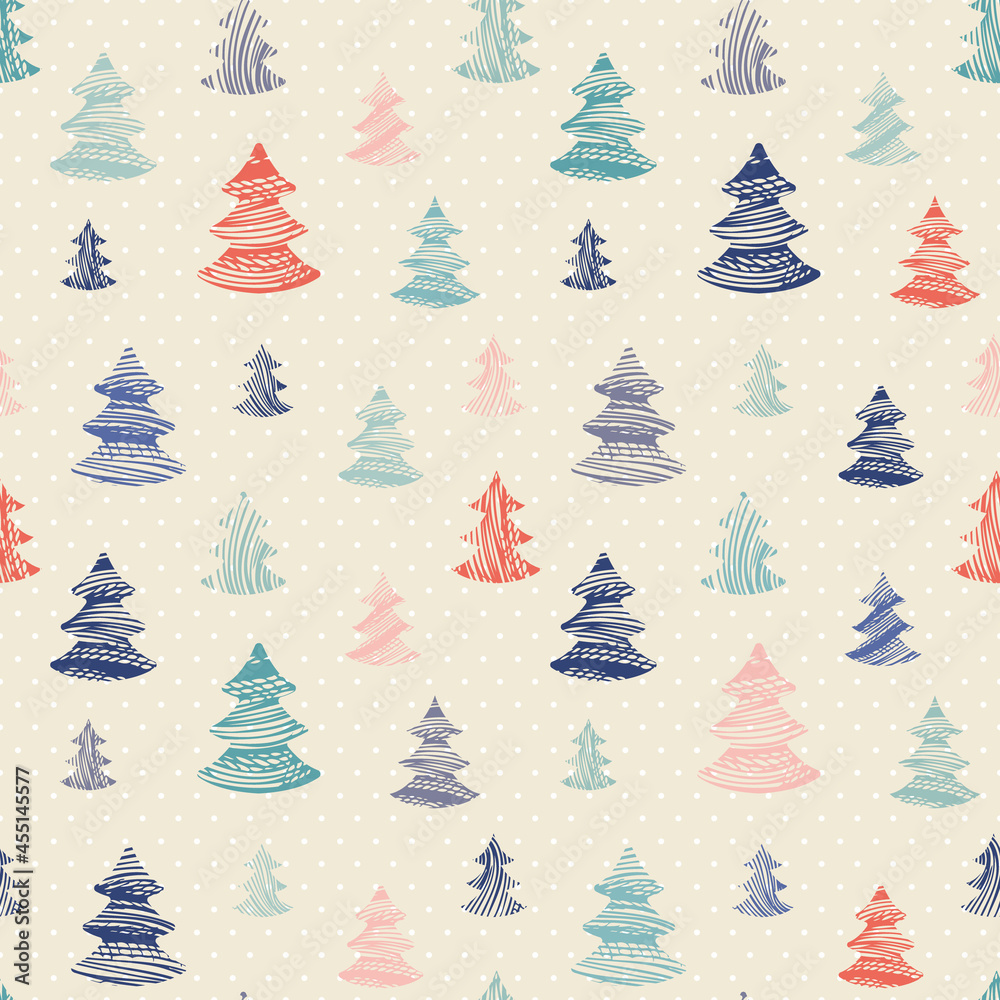 Seamless Holiday Pattern with Hand Drawn Xmas Trees. Vector Illustration.