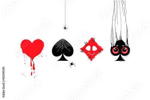 Halloween playing cards. worms like heart with blood, crosses like monster, spades with spiders and cobwebs, diamonds ghost
