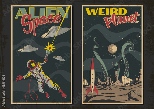 Retro Future Space Sci Fi Book Covers Style Illustrations, Astronaut, UFO, Monster, Space Rocket