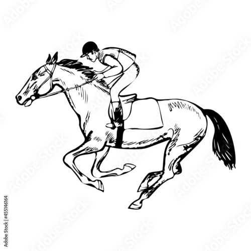 Horse race silhouette, jockey isolated on white background. Hand-drawn vintage equestrian labels and badges. Equestrian sport, jockey on a jumping horse. Vector animal illustration.