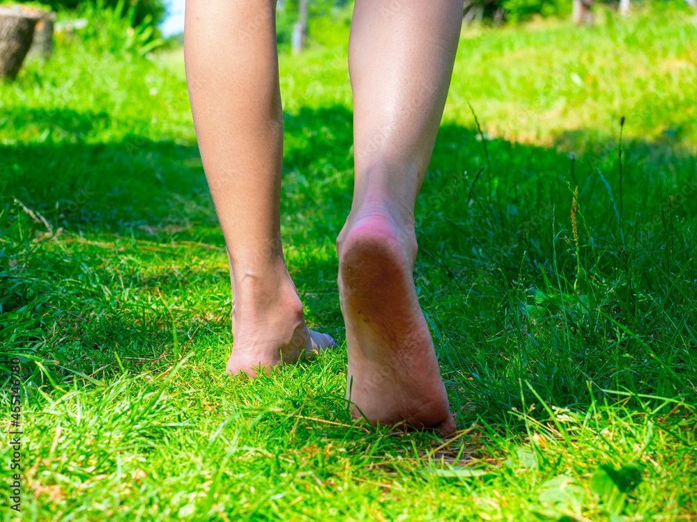 Close-up, beautiful female legs walking barefoot on the green grass summer