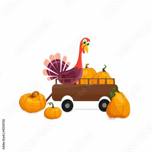 The turkey is in the trailer with the pumpkins. Cartoon vector illustration.
