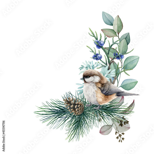 Fotografia Winter floral rustic arrangement with bird