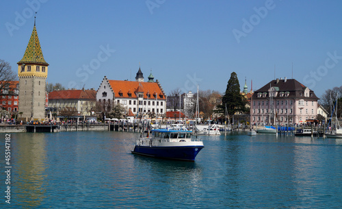 a little yacht in the beautiful harbour of Lindau island on lake Constance in Germany