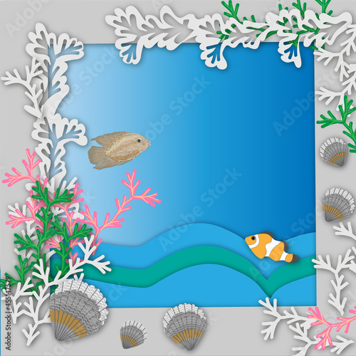 background with shells  clownfish and other fish and vultures. Frame  background or card  bright illustration  cut out effect