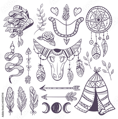 Boho hand drawn indian element design collection set