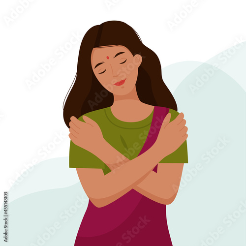 Indian girl hugs herself by the shoulders. A woman loves her body and takes care of herself. Love yourself concept. Self care. Vector flat illustration.
