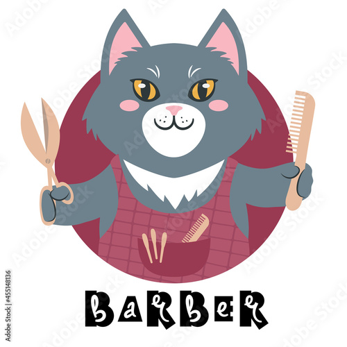 Vector illustration of a cute cartoon cat holding scisors and comb signed Barber.