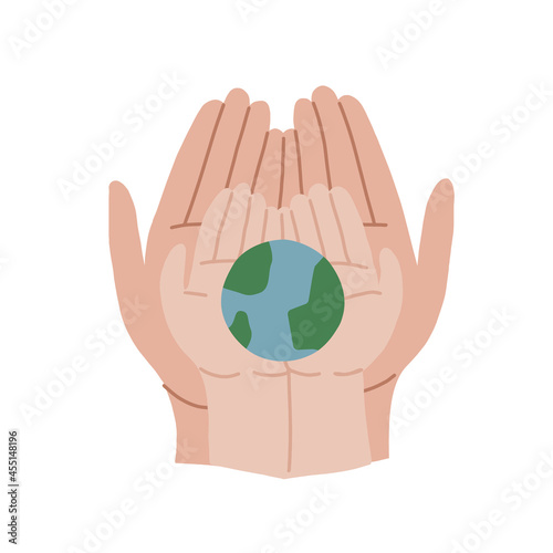An adult and a child hold the earth. Adult hands and childrens hands are holding the globe. We did not inherit the planet from our ancestors, but borrowed from our children. Vector illustration.