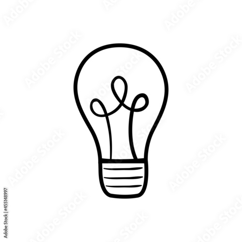 Shining light bulb sketch. Lightbulb doodle icon. Hand drawn line vector illustration isolated on white background. Creative concept of idea. Cartoon drawing. Graphic single symbol