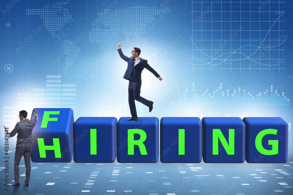 Hiring and firing concept with turning cubes Hiring and firing concept with turning cubes