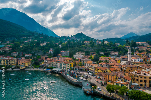 Aerial view of Menaggio village on a coast of Como lake  Italy on a cloudy day