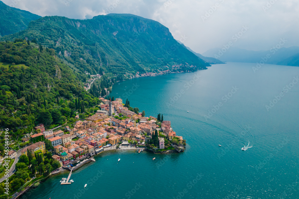 Aerial view of Varenna village on a coast of Como lake, Italy on a cloudy day