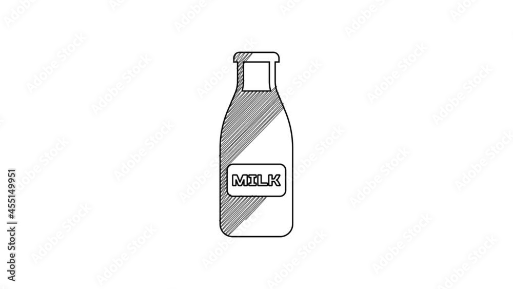 Black line Closed glass bottle with milk and cap icon isolated on white background. 4K Video motion graphic animation Black line Closed glass bottle with milk and cap icon isolated on white background. 4K Video motion graphic animation