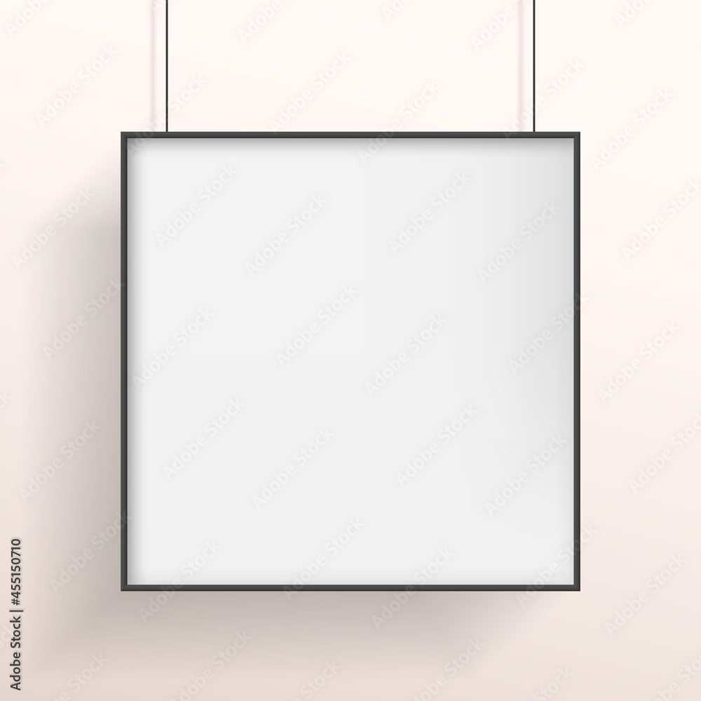White poster or bilboard with black frame hanging on white wall White poster or bilboard with black frame hanging on white wall