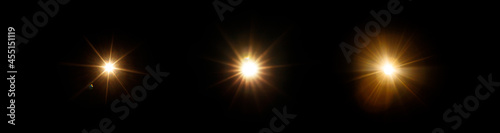 Easy to add lens flare effects for overlay designs or screen blending mode to make high-quality images. Set of abstract sun burst, digital flare, iridescent glare over black background.