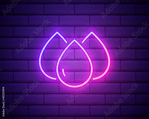 Glowing neon Recycle clean aqua icon isolated on brick wall background. Water recycling energy symbol. Drop of water with recycling. Water refresh arrows. Vector Illustration.