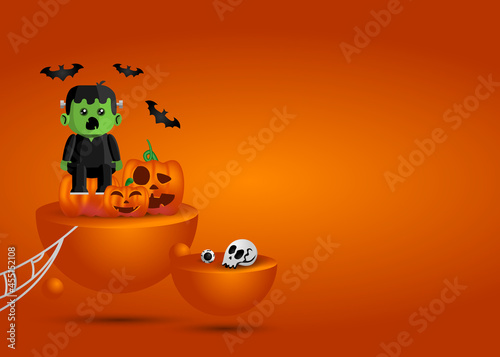 Halloween monster and pumpkin with podium background