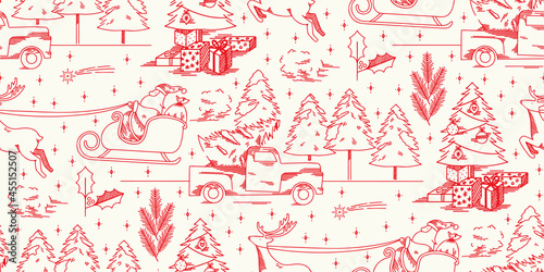A modern twist in this toile de Jouy Christmas pattern. Monochrome seamless print background design. Vector illustration. Surface pattern design. Great for home decor and retro sewing projects.  photo