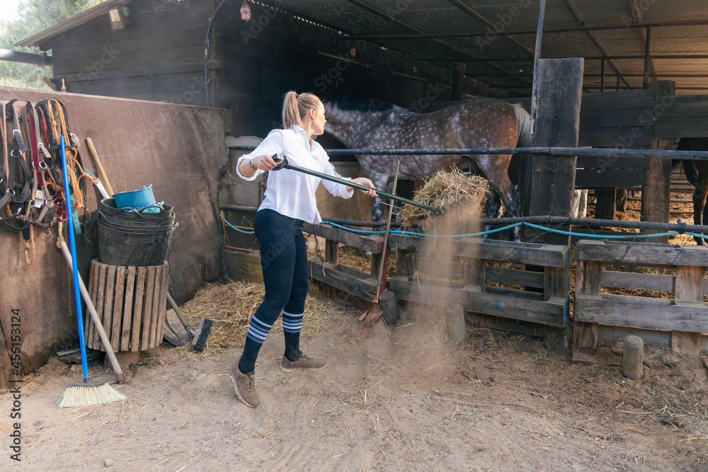 Woman carrying hay with pitchfork in stable Woman carrying hay with pitchfork in stable
