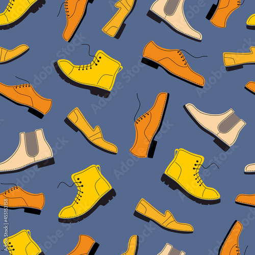 Shoe, boot, footwear color seamless pattern. Tailored handmade bespoke shoe, footwear. Shoe store. Bootmaker, shoemaker, cobbler. Shoes atelier, workshop. Shoemaking.Flat vector illustration. Isolated