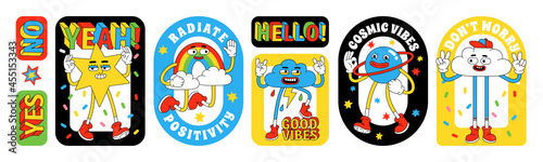 Funny cartoon characters. Sticker pack, posters, prints in trendy retro cartoon style.
