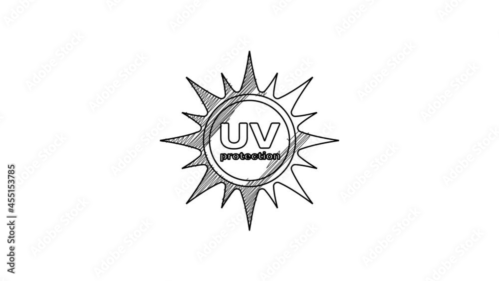 Black line UV protection icon isolated on white background. Ultra violet rays radiation. SPF sun sign. 4K Video motion graphic animation Black line UV protection icon isolated on white background. Ultra violet rays radiation. SPF sun sign. 4K Video motion graphic animation